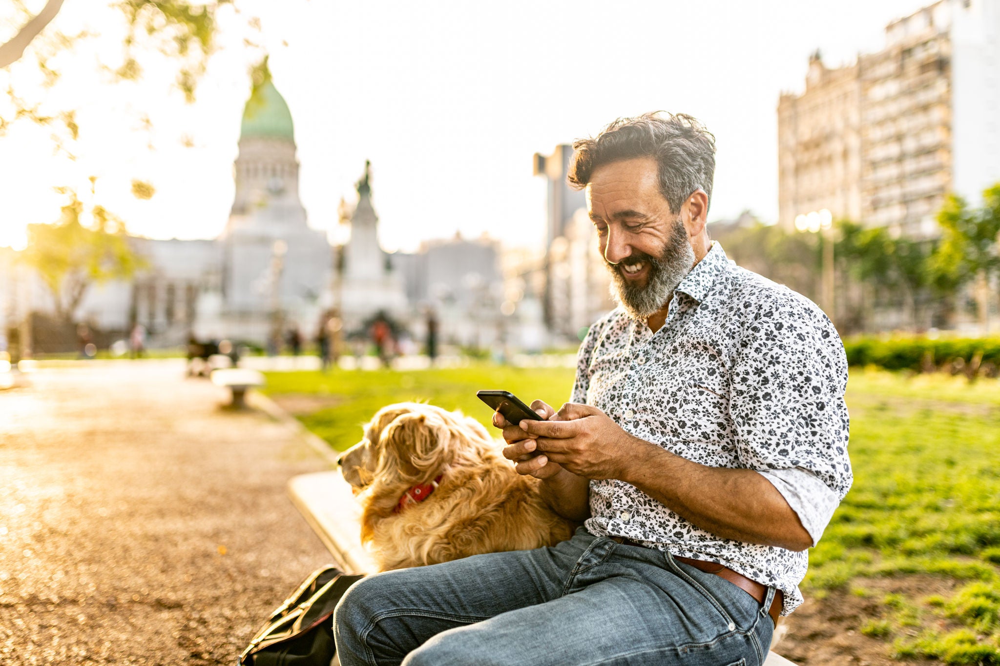Mature man walking golden retriever uses mobile phone in public park