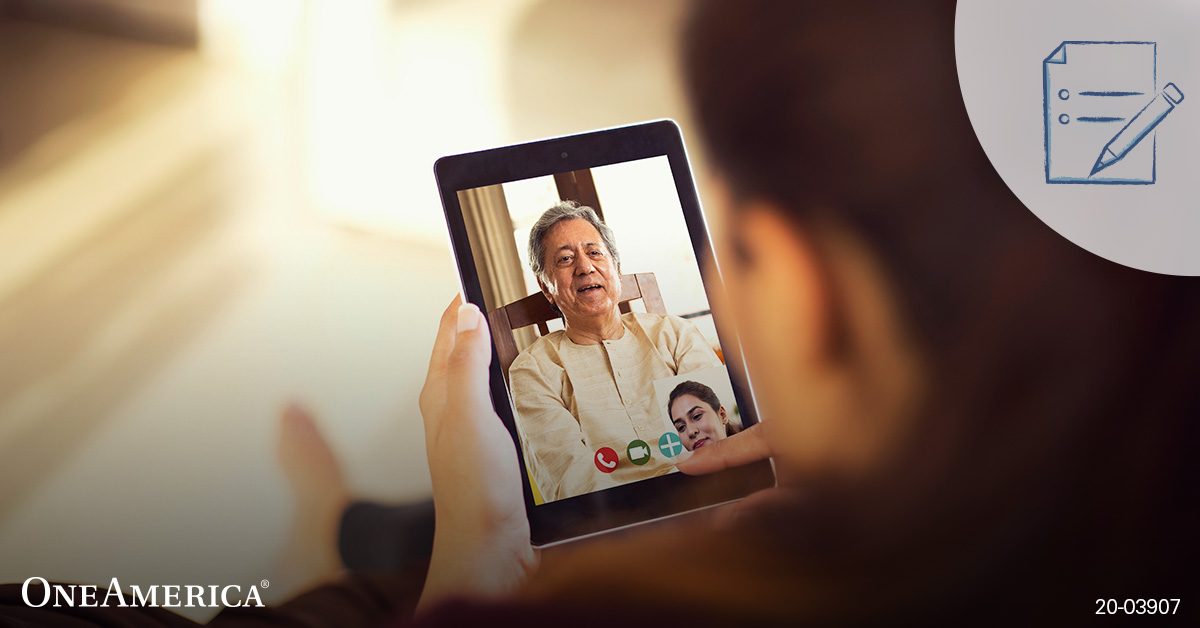 Woman on a tablet virtually talking with an older man